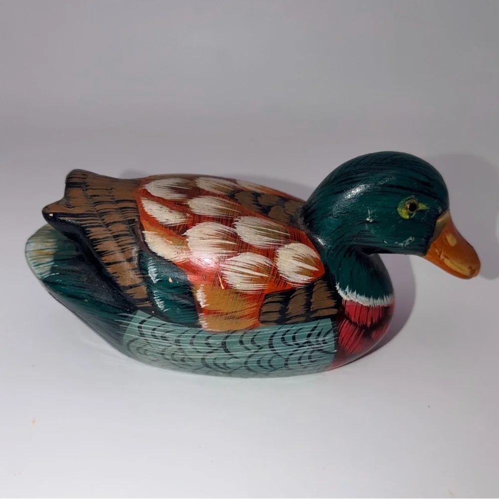 Vintage Hand Carved Wooden Duck Figurine Folk Art Painted Decor | Collectable - Picture 2 of 10